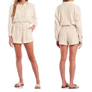 Every Romper Long Sleeve Stripe Casual Beachy Shorts White Clay Linen Look L